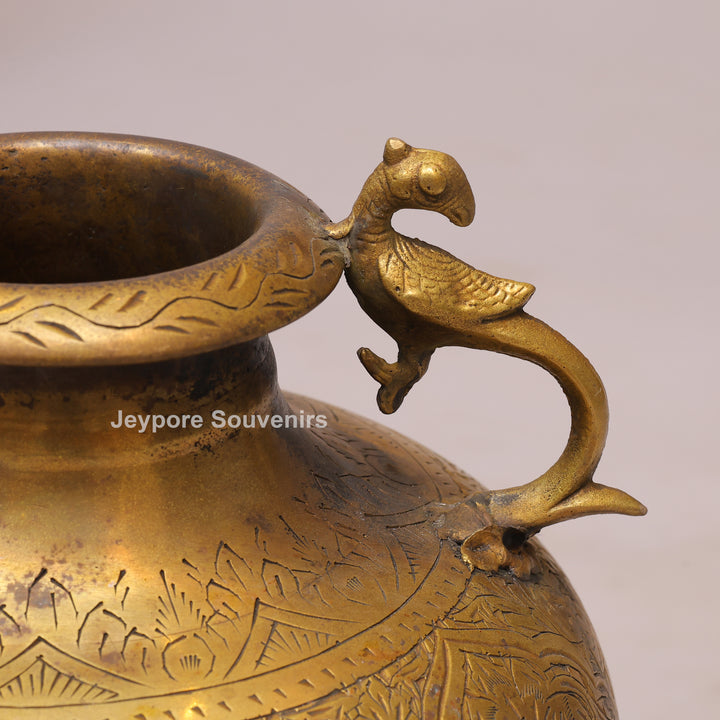 Handcrafted Vintage Style Brass Pot with Peacock Handles