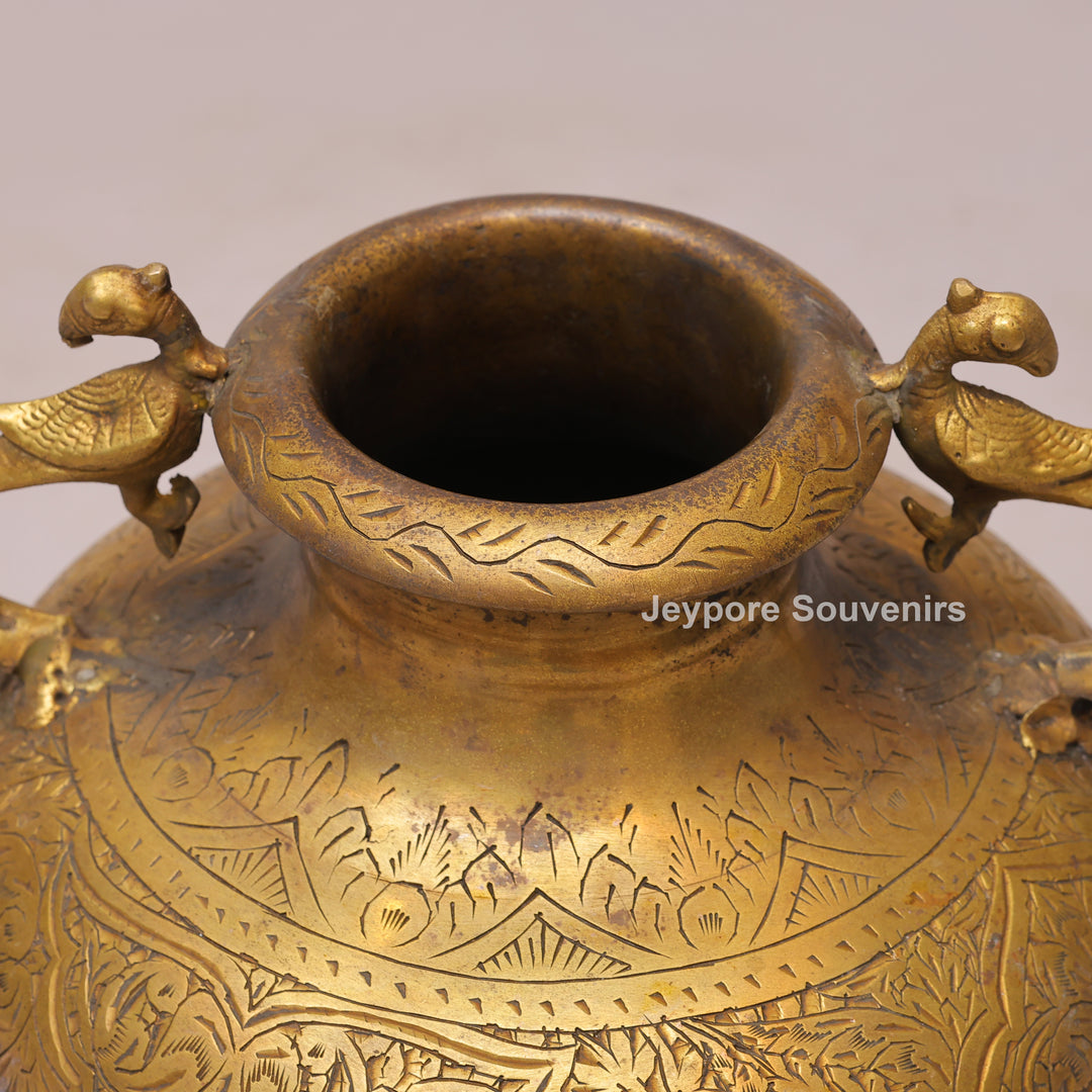 Handcrafted Vintage Style Brass Pot with Peacock Handles