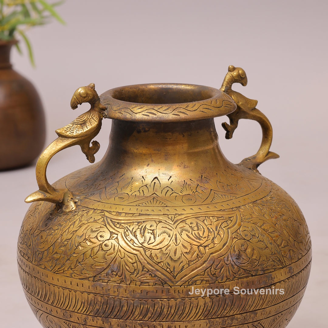 Handcrafted Vintage Style Brass Pot with Peacock Handles