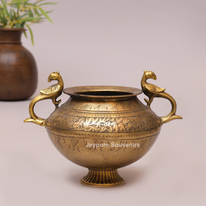 Traditional Antique Brass Decorative Planter with Peacock Handles