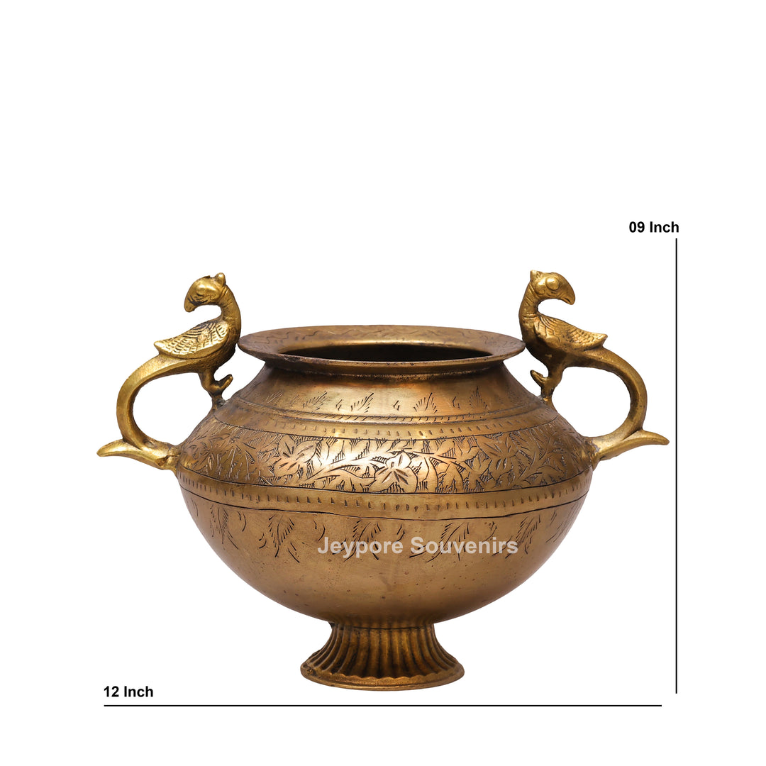 Traditional Antique Brass Decorative Planter with Peacock Handles