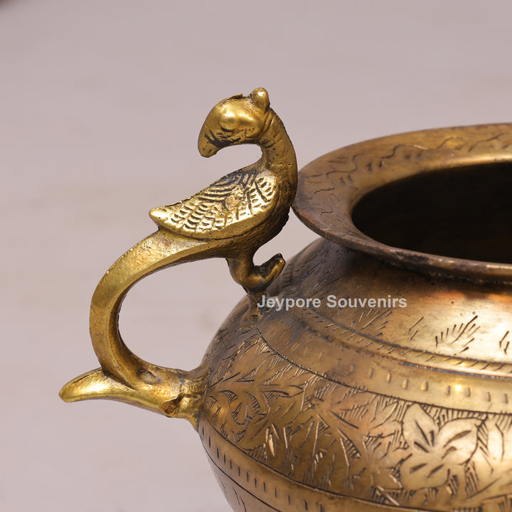Traditional Antique Brass Decorative Planter with Peacock Handles