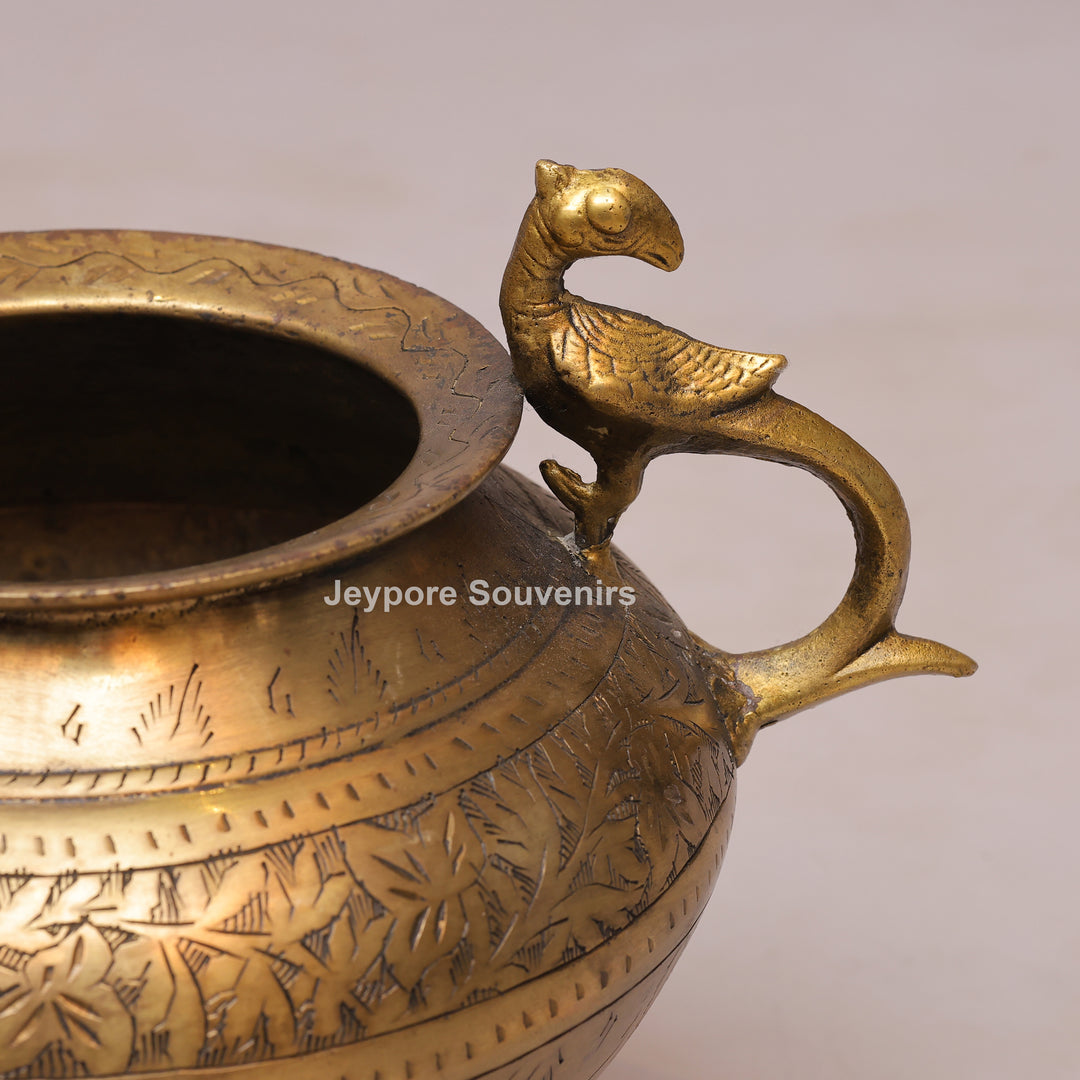 Traditional Antique Brass Decorative Planter with Peacock Handles