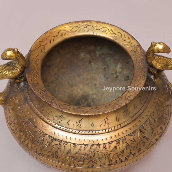 Traditional Antique Brass Decorative Planter with Peacock Handles