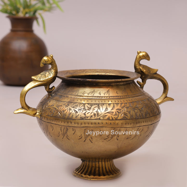 Traditional Antique Brass Decorative Planter with Peacock Handles