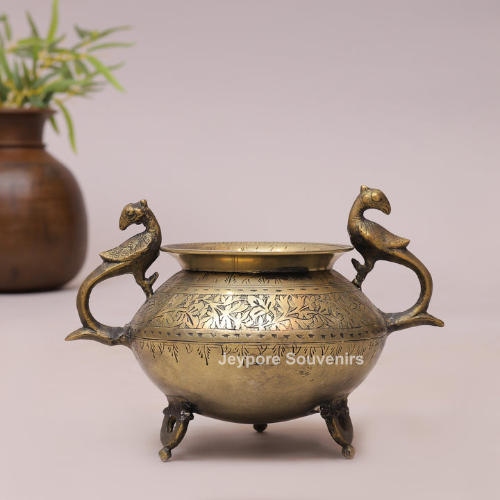 Handcrafted Antique Brass Decorative Planter with Peacock Handles