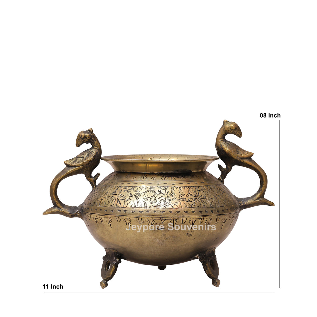 Handcrafted Antique Brass Decorative Planter with Peacock Handles