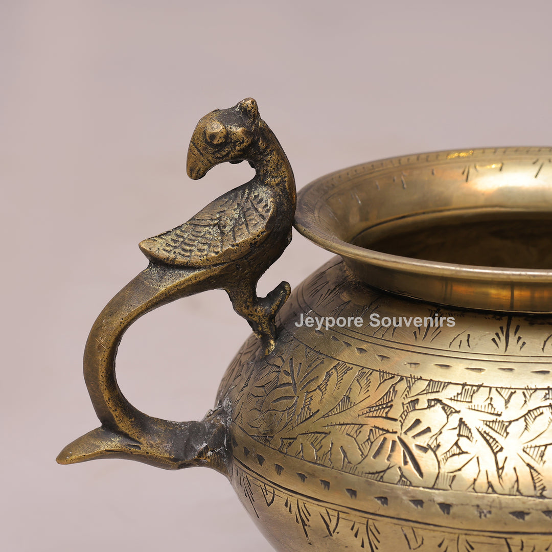 Handcrafted Antique Brass Decorative Planter with Peacock Handles