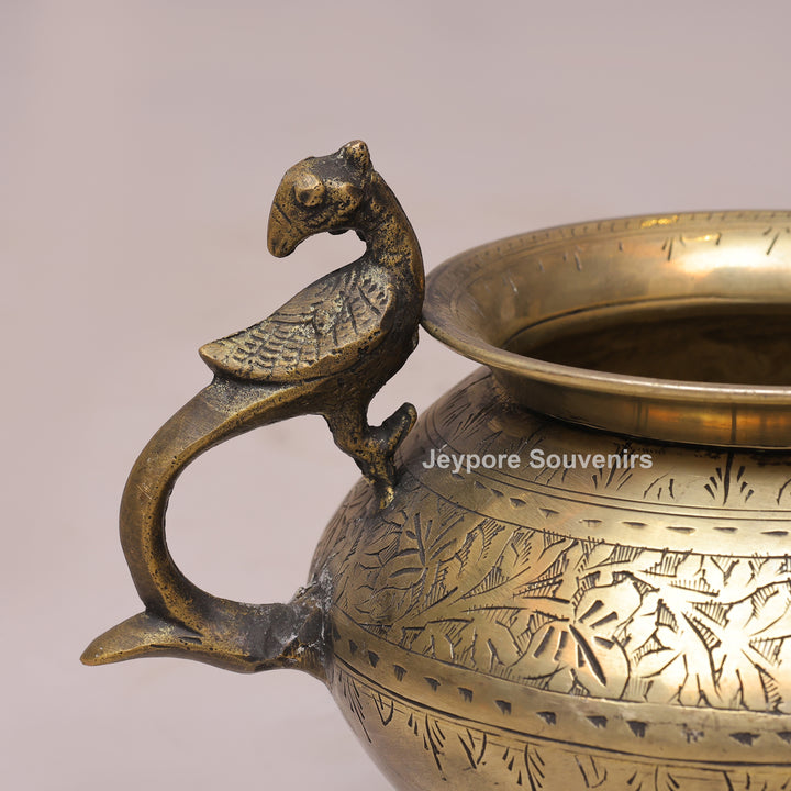 Handcrafted Antique Brass Decorative Planter with Peacock Handles