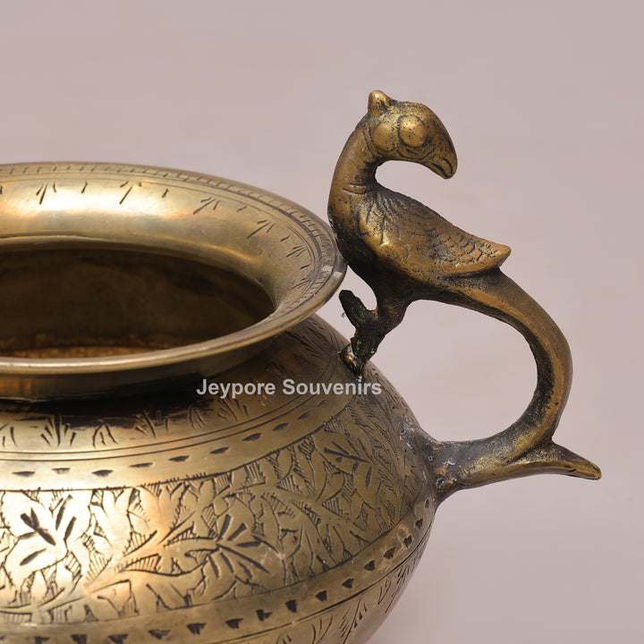 Handcrafted Antique Brass Decorative Planter with Peacock Handles