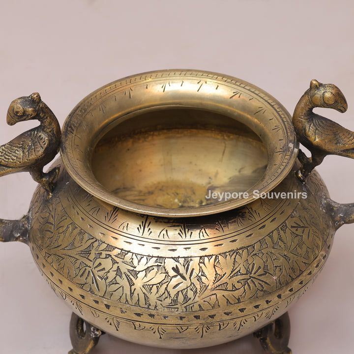 Handcrafted Antique Brass Decorative Planter with Peacock Handles