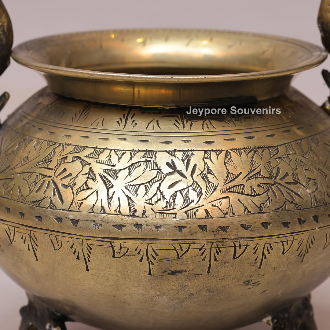 Handcrafted Antique Brass Decorative Planter with Peacock Handles