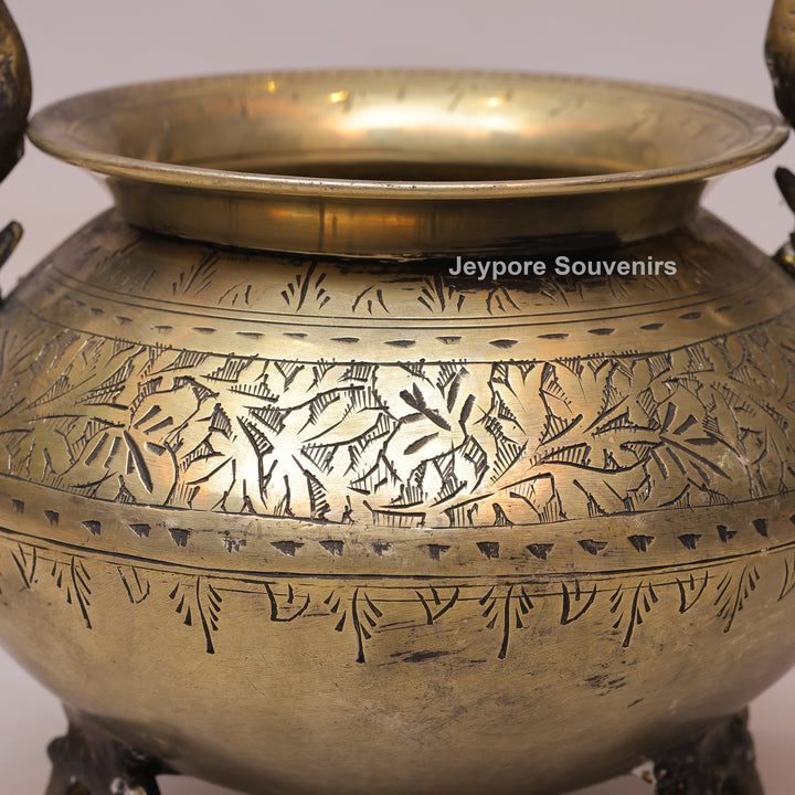 Handcrafted Antique Brass Decorative Planter with Peacock Handles