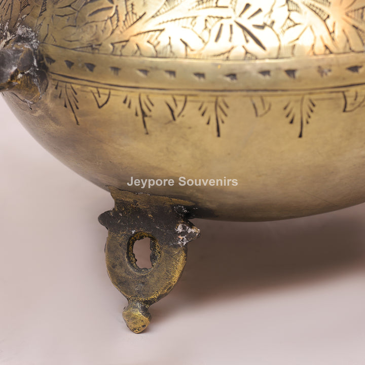 Handcrafted Antique Brass Decorative Planter with Peacock Handles