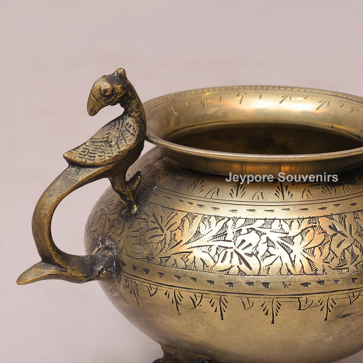 Handcrafted Antique Brass Decorative Planter with Peacock Handles