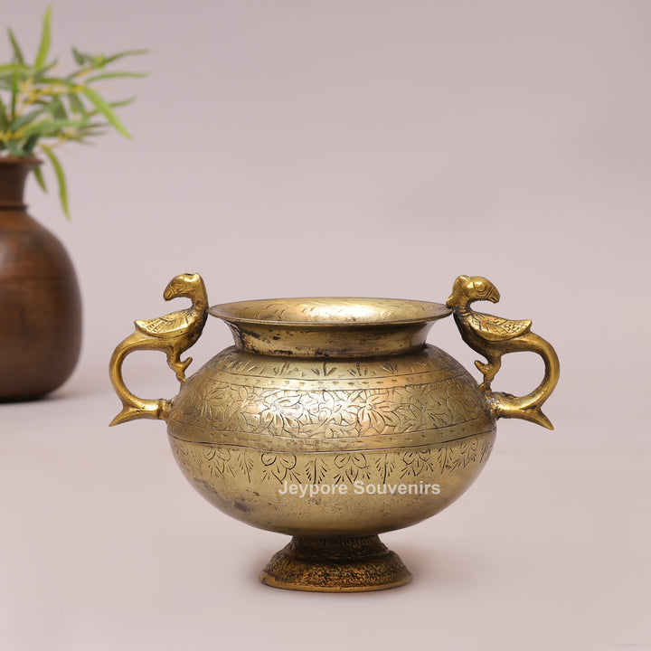 Handcrafted Antique Brass Planter With Peacock Handle for Luxury Home