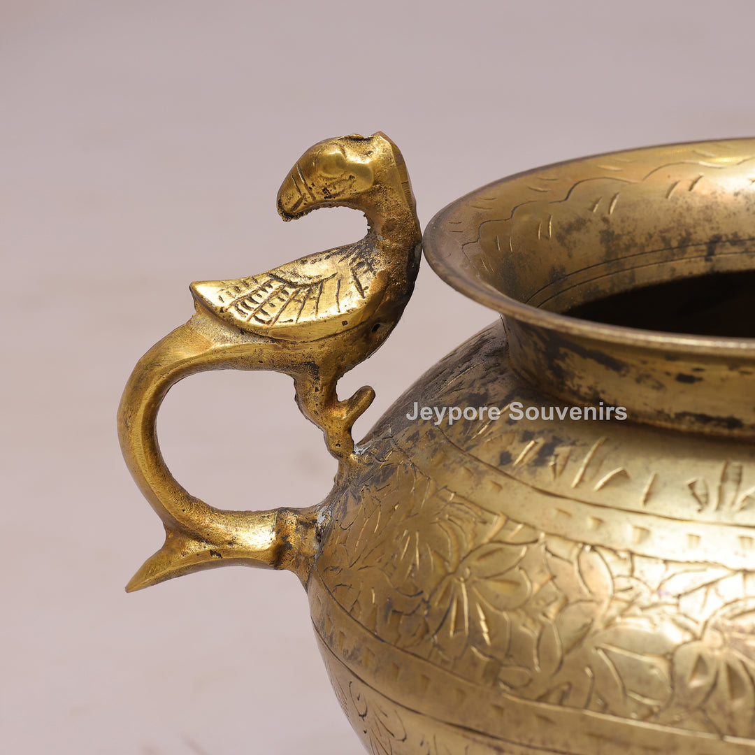 Handcrafted Antique Brass Planter With Peacock Handle for Luxury Home