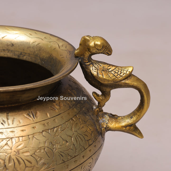Handcrafted Antique Brass Planter With Peacock Handle for Luxury Home