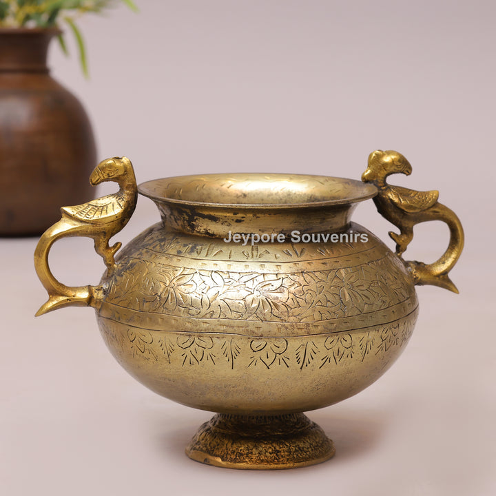 Handcrafted Antique Brass Planter With Peacock Handle for Luxury Home