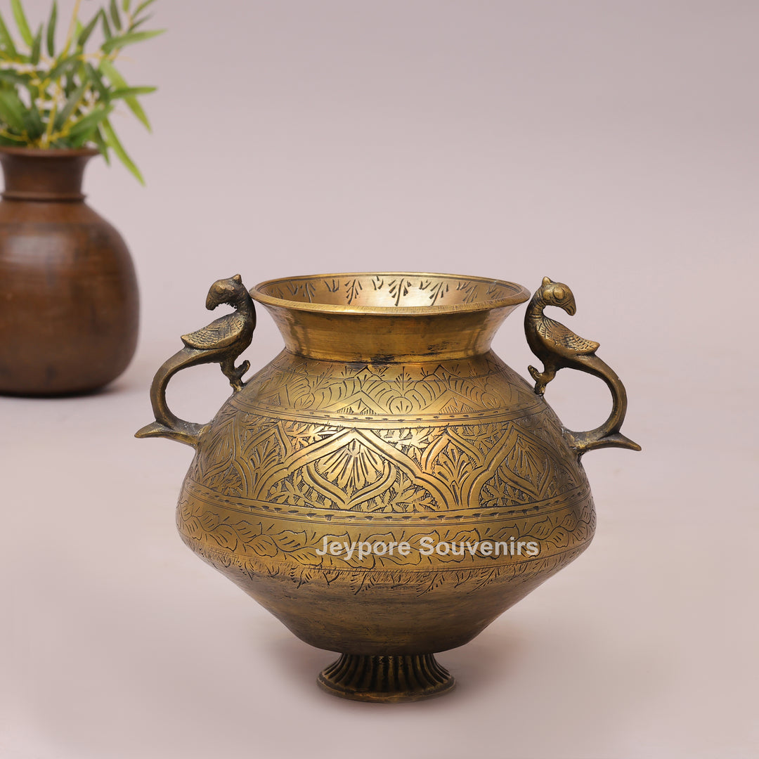 Handcrafted Peacock Handle Brass Decorative Planter Pot for Home Decor