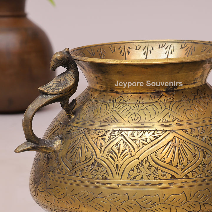 Handcrafted Peacock Handle Brass Decorative Planter Pot for Home Decor