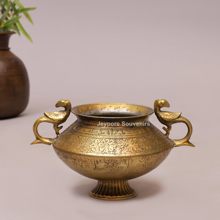 Handcrafted Antique Brass Planter with Peacock Handles