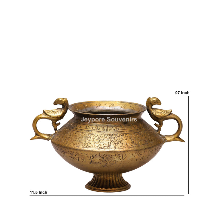 Handcrafted Antique Brass Planter with Peacock Handles