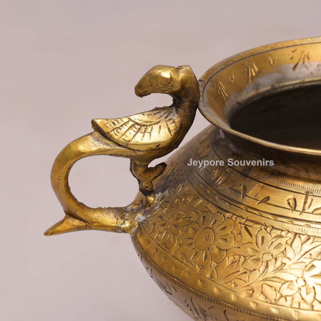 Handcrafted Antique Brass Planter with Peacock Handles