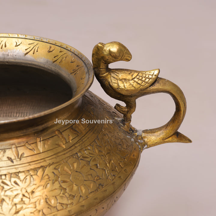 Handcrafted Antique Brass Planter with Peacock Handles