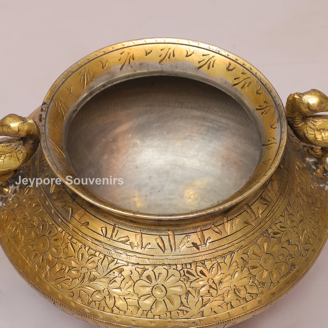 Handcrafted Antique Brass Planter with Peacock Handles