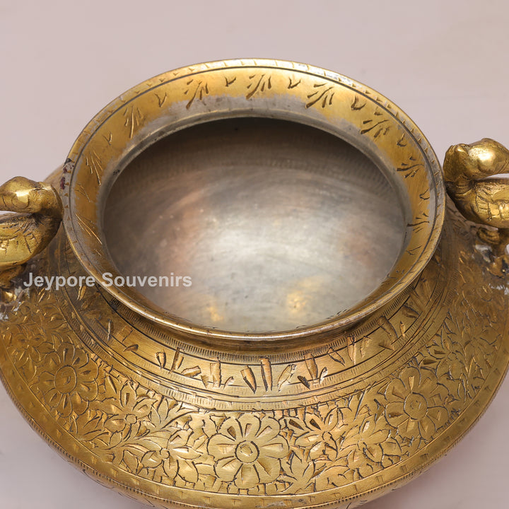 Handcrafted Antique Brass Planter with Peacock Handles