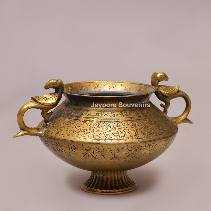 Handcrafted Antique Brass Planter with Peacock Handles