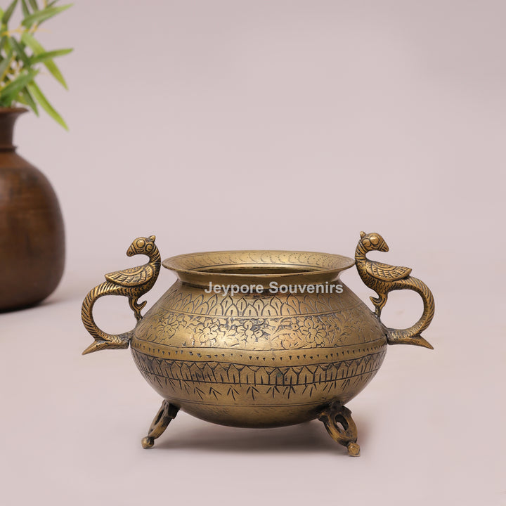 Traditional Antique Brass Planter Pot with Peacock Handles