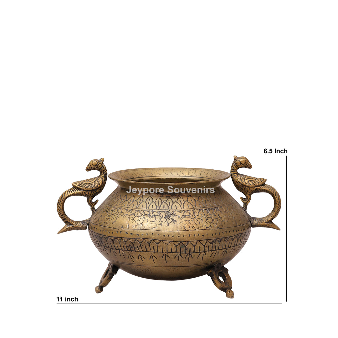 Traditional Antique Brass Planter Pot with Peacock Handles