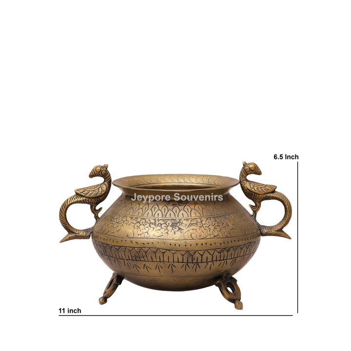 Traditional Antique Brass Planter Pot with Peacock Handles