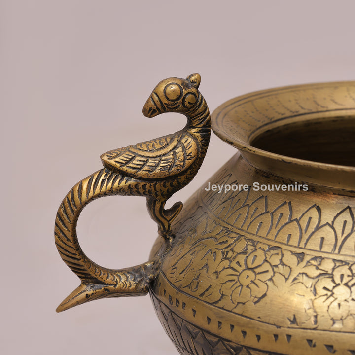 Traditional Antique Brass Planter Pot with Peacock Handles