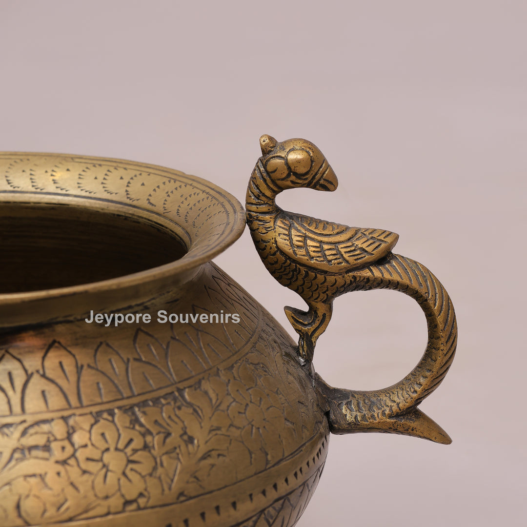 Traditional Antique Brass Planter Pot with Peacock Handles