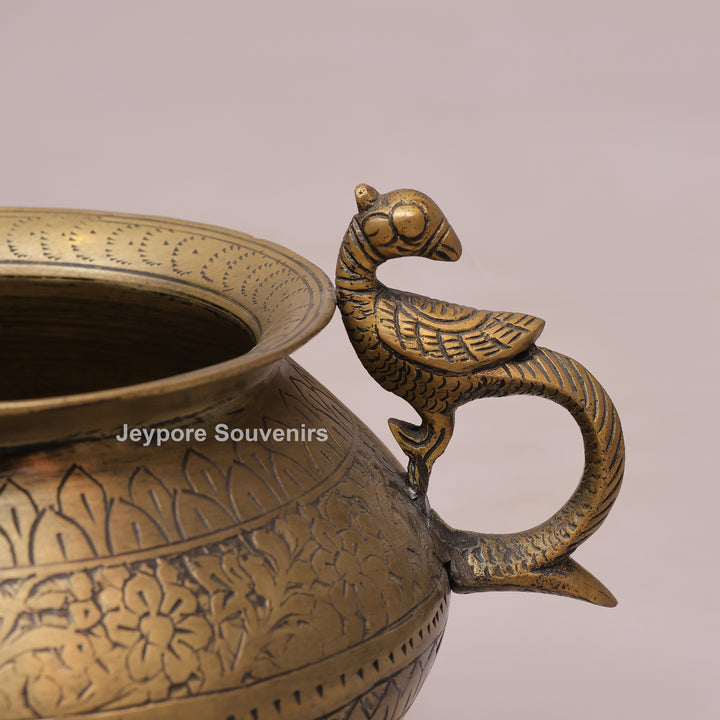 Traditional Antique Brass Planter Pot with Peacock Handles