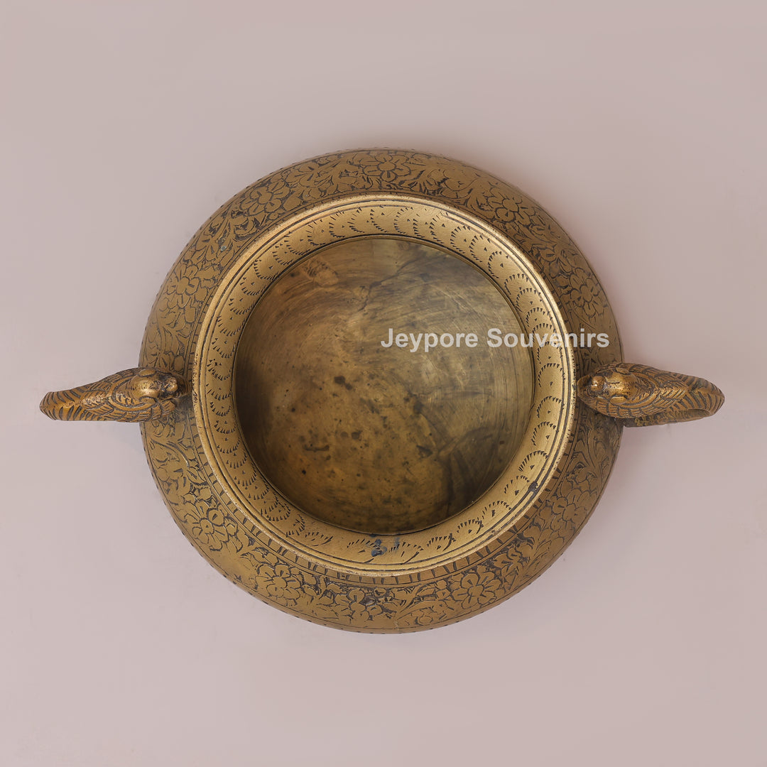 Traditional Antique Brass Planter Pot with Peacock Handles