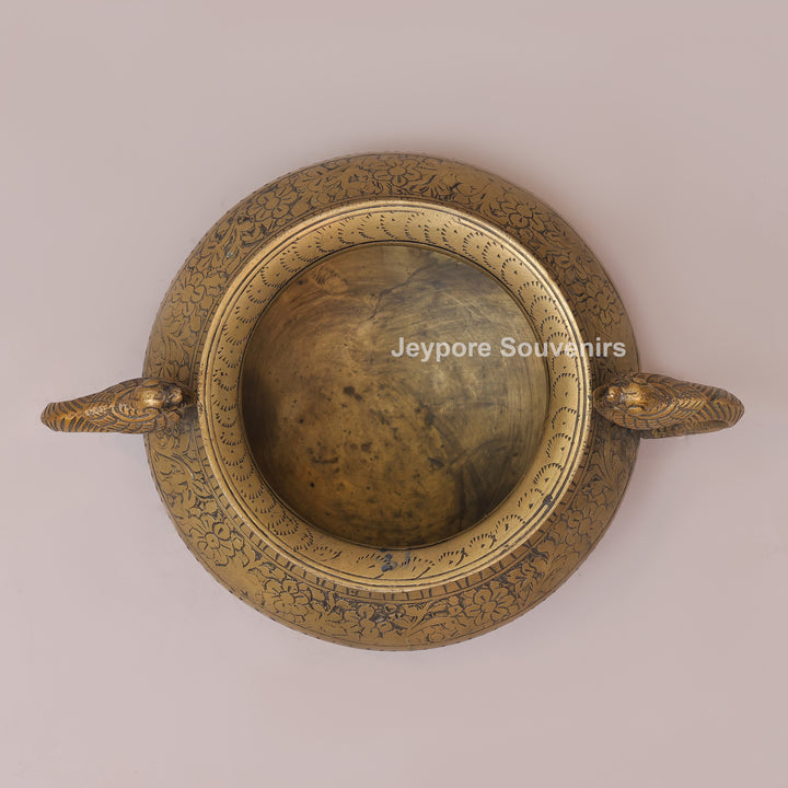 Traditional Antique Brass Planter Pot with Peacock Handles