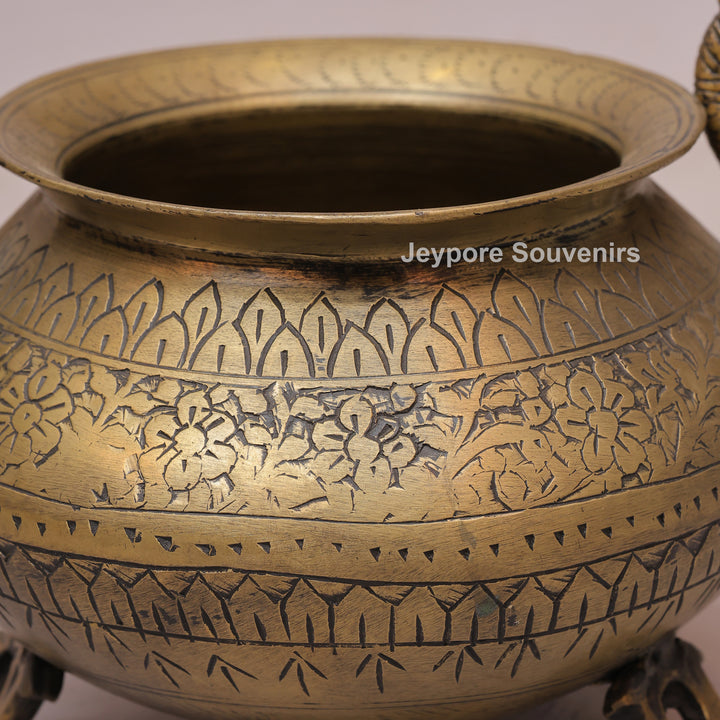 Traditional Antique Brass Planter Pot with Peacock Handles