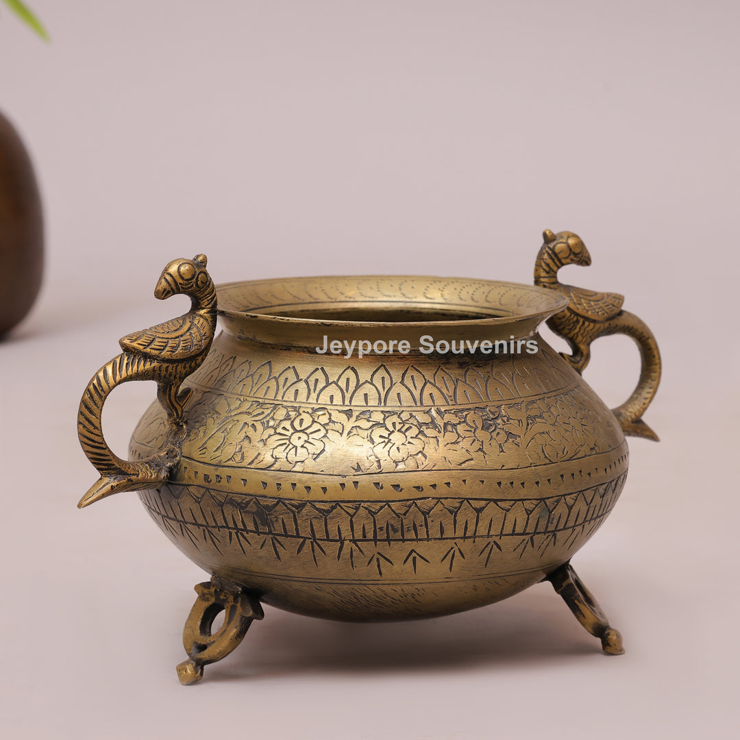 Traditional Antique Brass Planter Pot with Peacock Handles