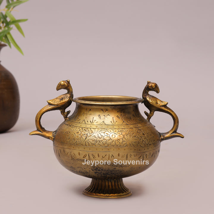 Vintage Style Antique Brass Planter Pot with Peacock Handles