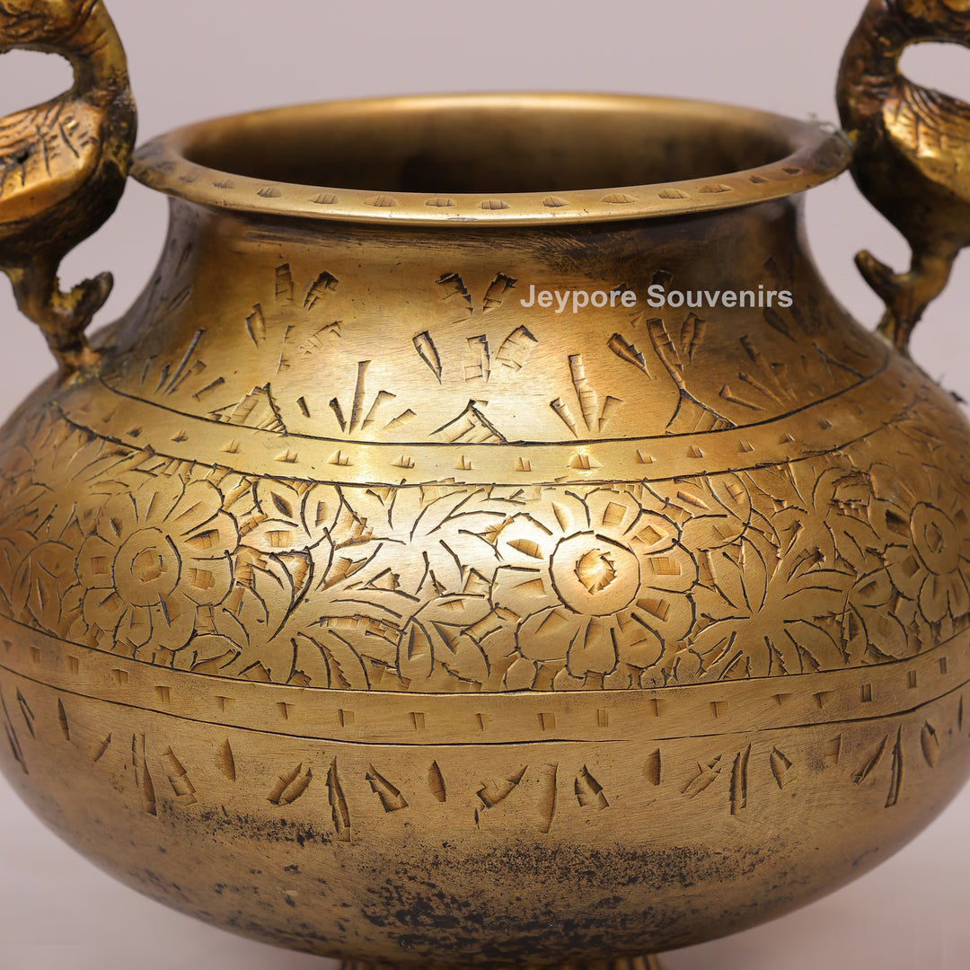 Vintage Style Antique Brass Planter Pot with Peacock Handles