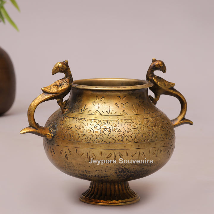 Vintage Style Antique Brass Planter Pot with Peacock Handles