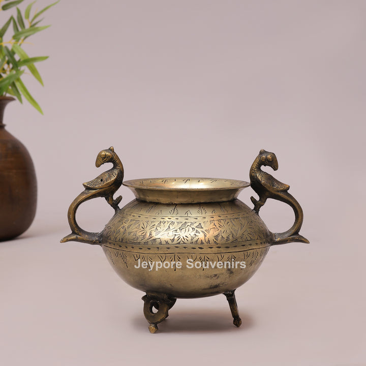 Vintage Style Brass Planter Pot with Peacock Handles
