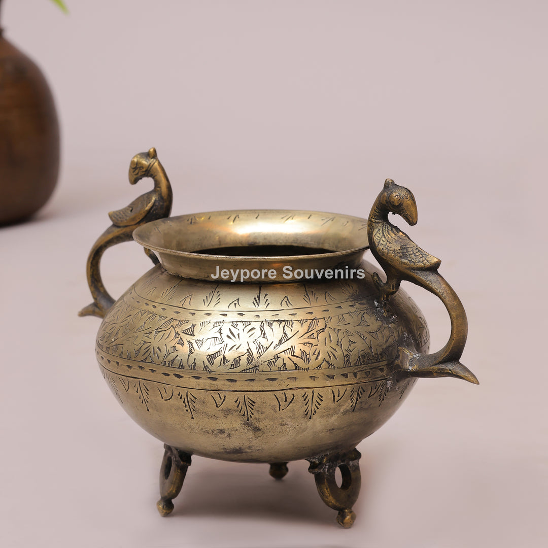 Vintage Style Brass Planter Pot with Peacock Handles