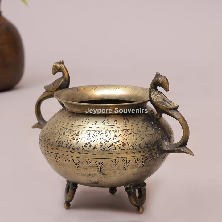 Vintage Style Brass Planter Pot with Peacock Handles
