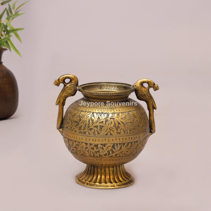 Handcrafted Brass Planter with Graceful Peacock-Shaped Side Handles