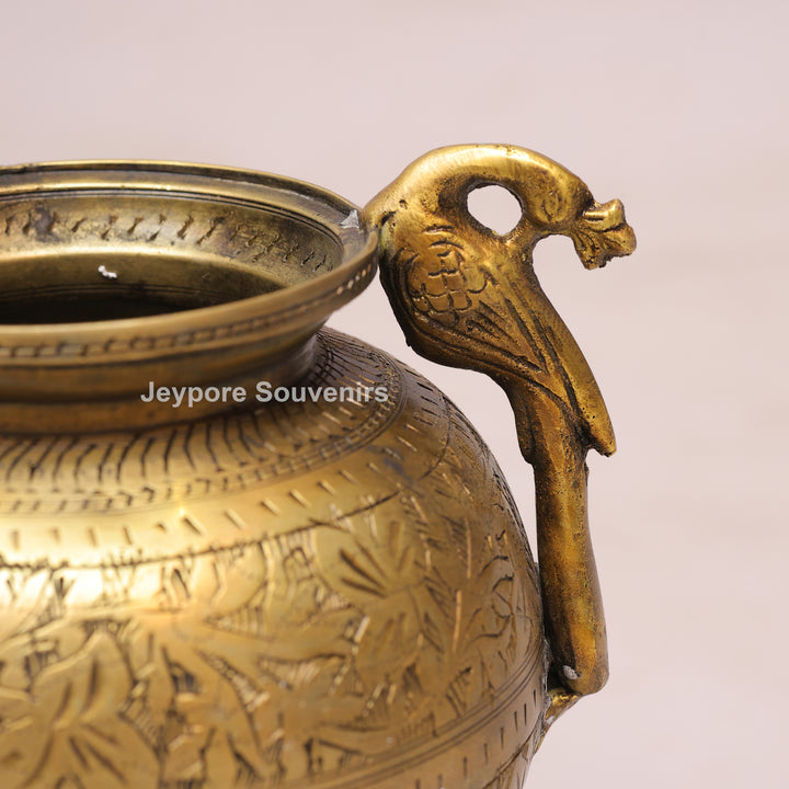 Handcrafted Brass Planter with Graceful Peacock-Shaped Side Handles